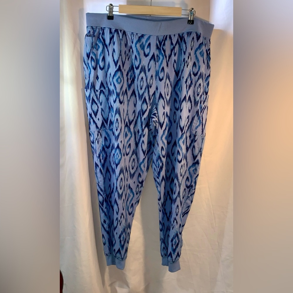 Nursing Scrubs Pants Easy Stretch Women’s Size 2X Blue Ikat Print 6 Pockets